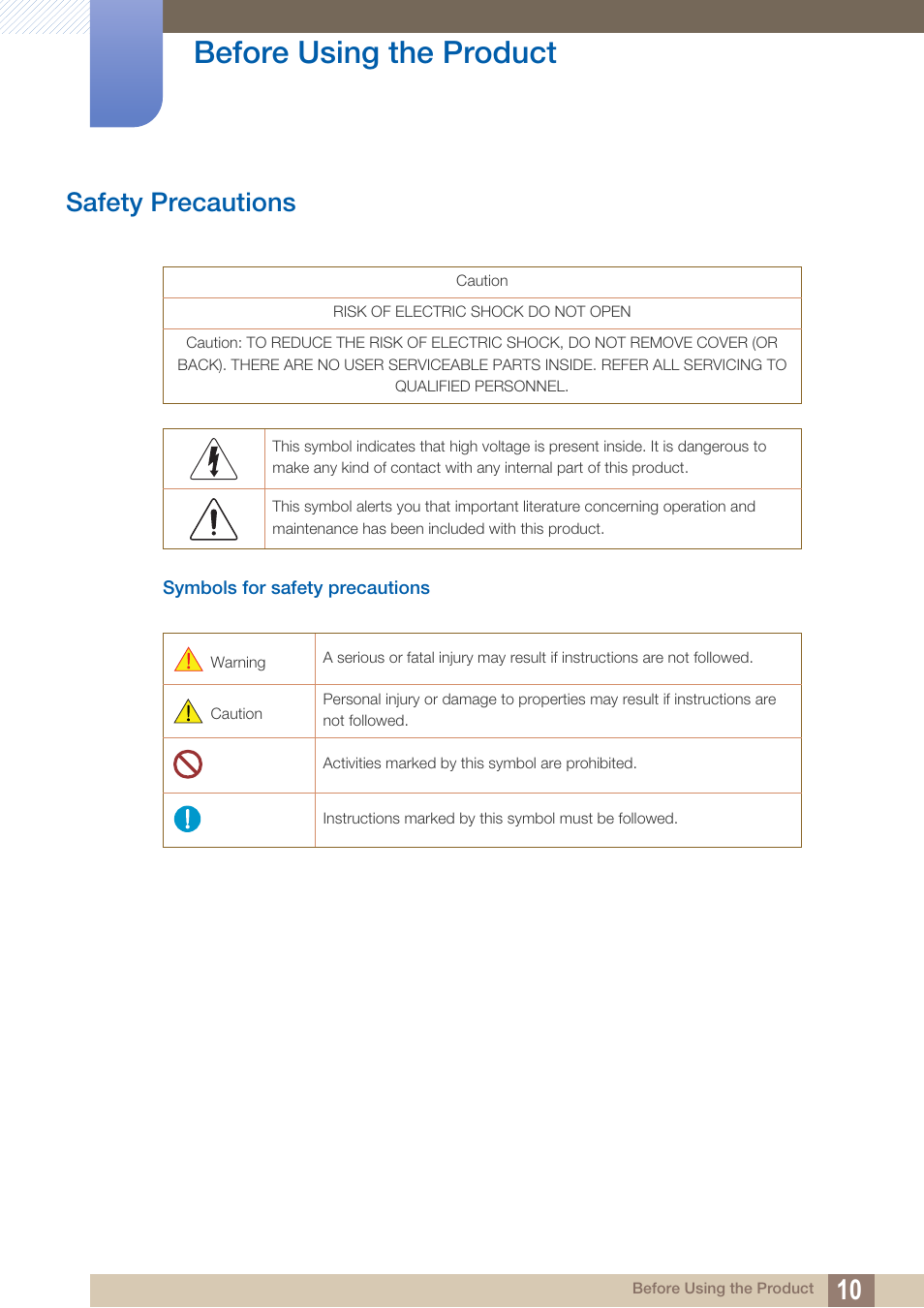 Safety precautions, Symbols for safety precautions, Before using the product | Samsung LS27D85KTSR-ZA User Manual | Page 10 / 111