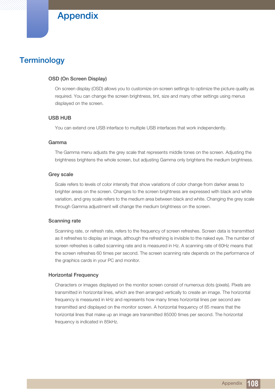 Terminology, Appendix | Samsung LS27D85KTSR-ZA User Manual | Page 108 / 111