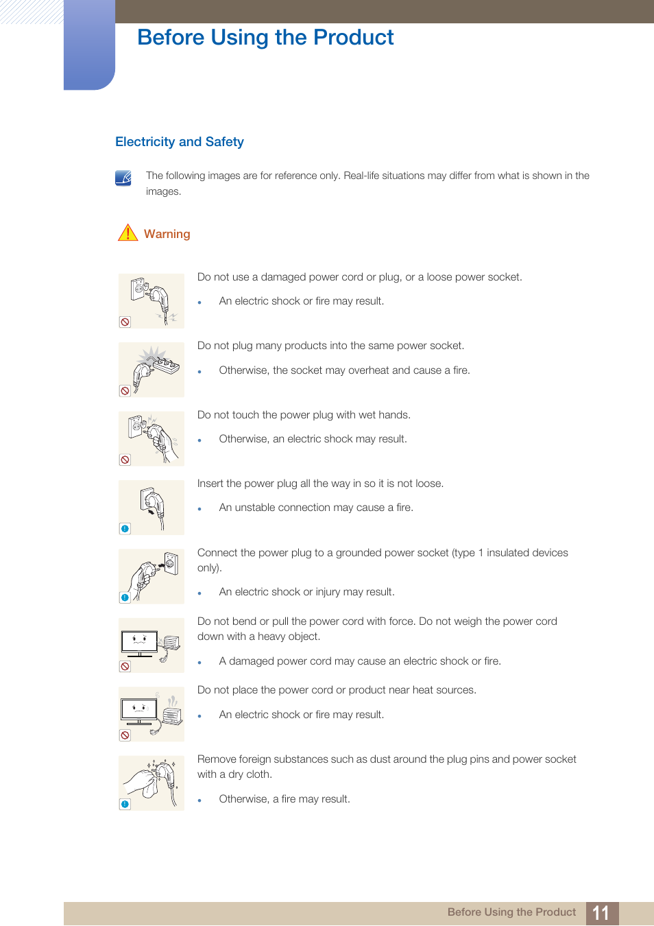 Electricity and safety, Before using the product, Warning | Samsung LS27D85KTSR-ZA User Manual | Page 11 / 111