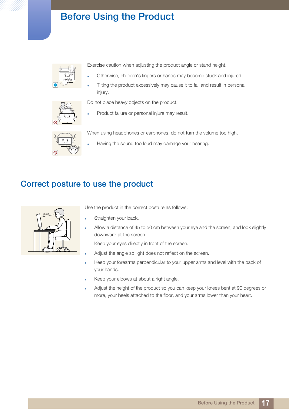 Correct posture to use the product, Before using the product | Samsung LS27D85KTSR-ZA User Manual | Page 17 / 111