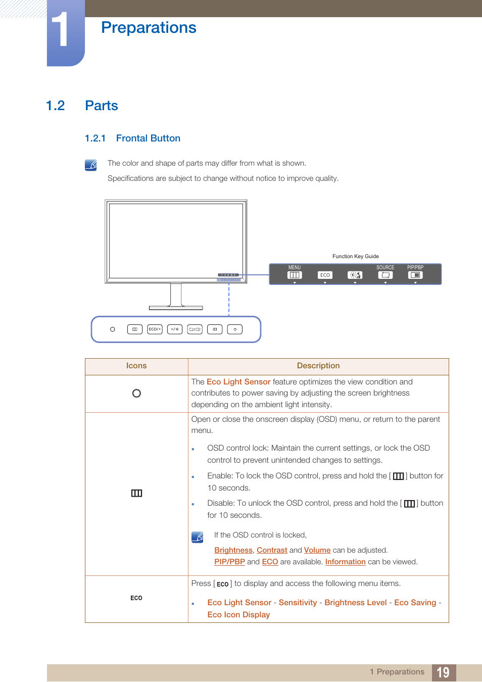 2 parts, 1 frontal button, Parts | Frontal button, Preparations | Samsung LS27D85KTSR-ZA User Manual | Page 19 / 111