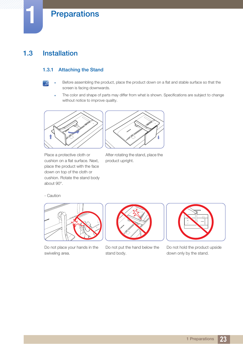 3 installation, 1 attaching the stand, Installation | Attaching the stand, Preparations | Samsung LS27D85KTSR-ZA User Manual | Page 23 / 111