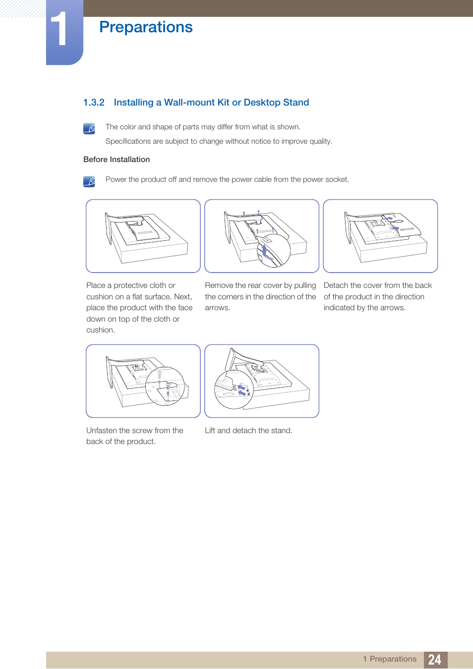 2 installing a wall-mount kit or desktop stand, Installing a wall-mount kit or desktop stand, Preparations | Samsung LS27D85KTSR-ZA User Manual | Page 24 / 111