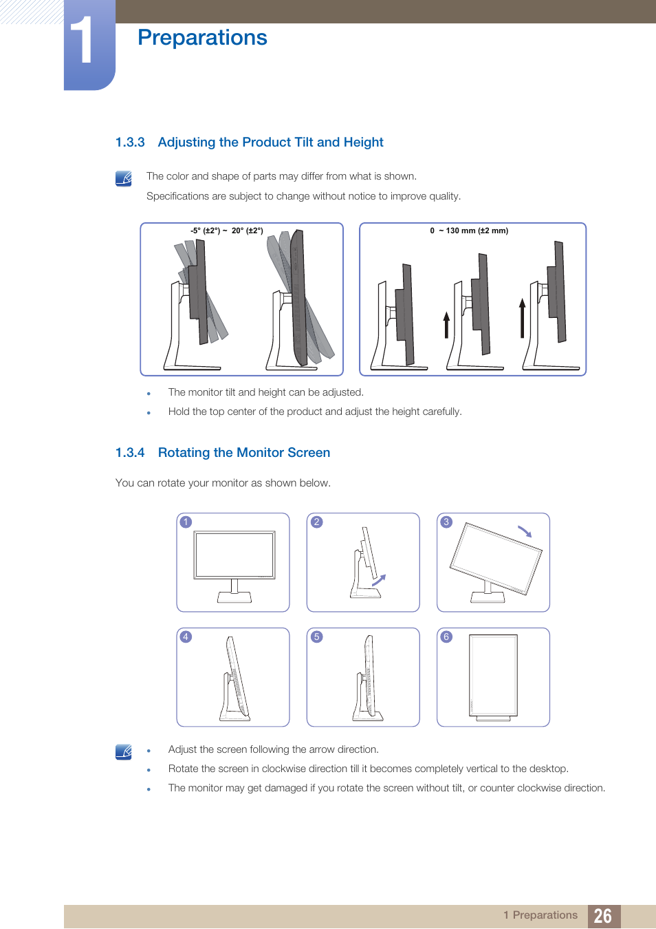 3 adjusting the product tilt and height, 4 rotating the monitor screen, Adjusting the product tilt and height | Rotating the monitor screen, Preparations | Samsung LS27D85KTSR-ZA User Manual | Page 26 / 111