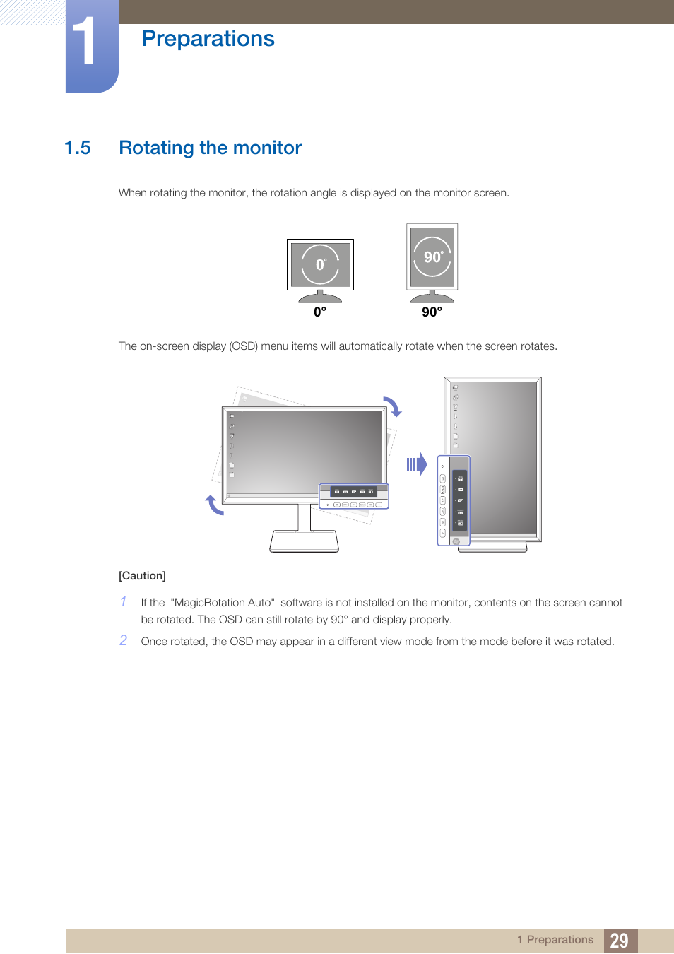 5 rotating the monitor, Rotating the monitor, Preparations | Samsung LS27D85KTSR-ZA User Manual | Page 29 / 111