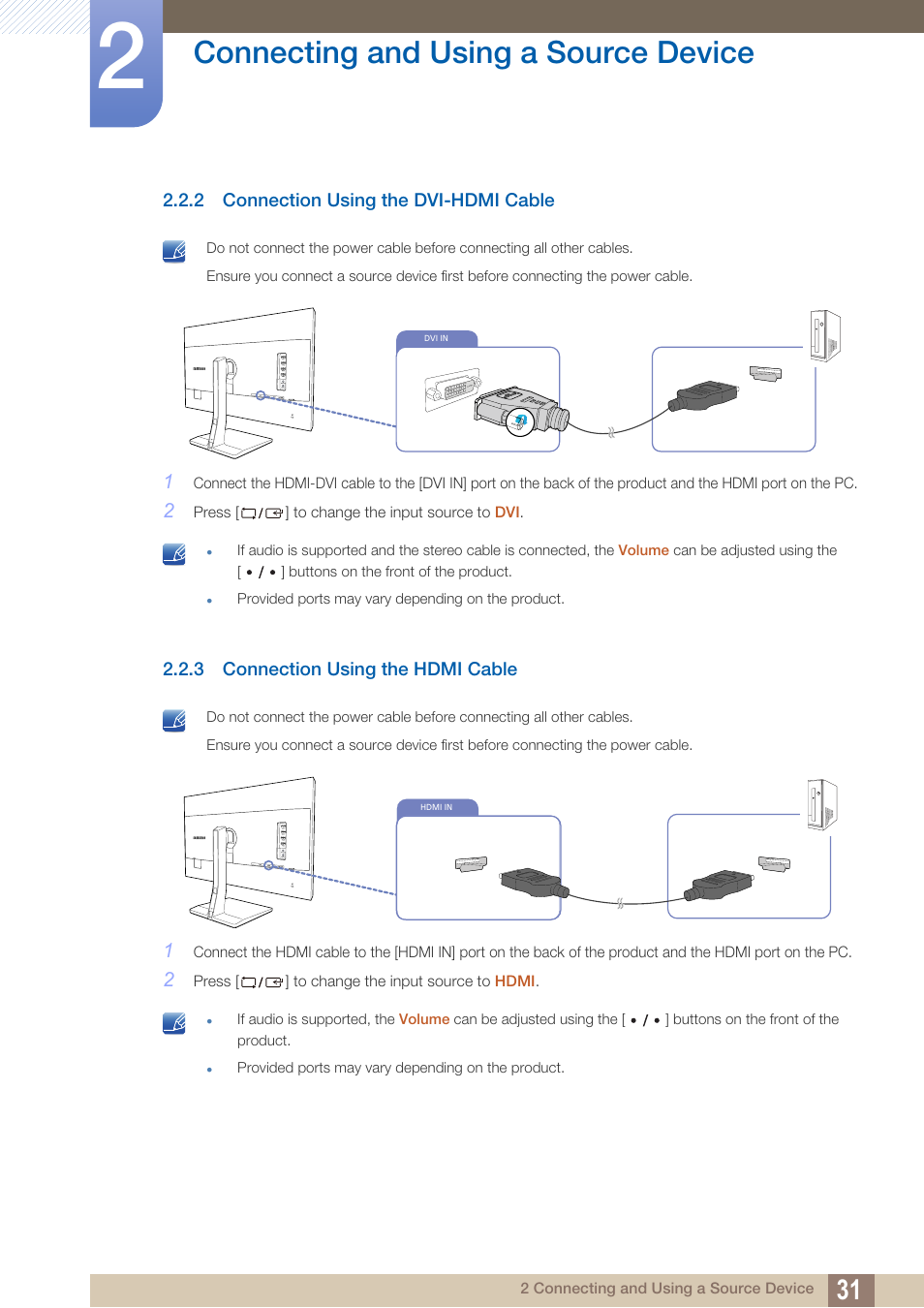 2 connection using the dvi-hdmi cable, 3 connection using the hdmi cable, Connection using the dvi-hdmi cable | Connection using the hdmi cable, Connecting and using a source device | Samsung LS27D85KTSR-ZA User Manual | Page 31 / 111