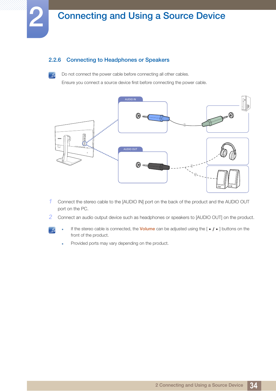 6 connecting to headphones or speakers, Connecting to headphones or speakers, Connecting and using a source device | Samsung LS27D85KTSR-ZA User Manual | Page 34 / 111