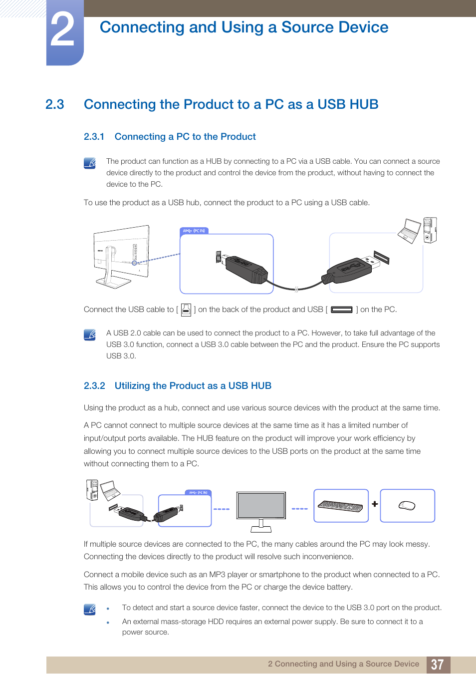 3 connecting the product to a pc as a usb hub, 1 connecting a pc to the product, 2 utilizing the product as a usb hub | Connecting the product to a pc as a usb hub, Connecting a pc to the product, Utilizing the product as a usb hub, Connecting and using a source device | Samsung LS27D85KTSR-ZA User Manual | Page 37 / 111