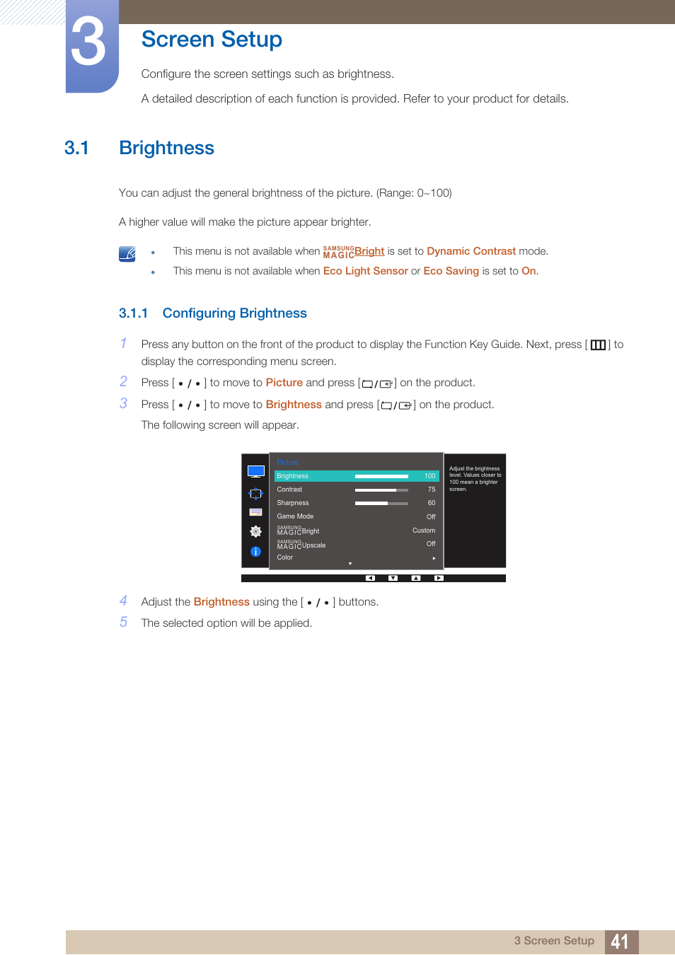Screen setup, 1 brightness, 1 configuring brightness | Brightness, Configuring brightness | Samsung LS27D85KTSR-ZA User Manual | Page 41 / 111