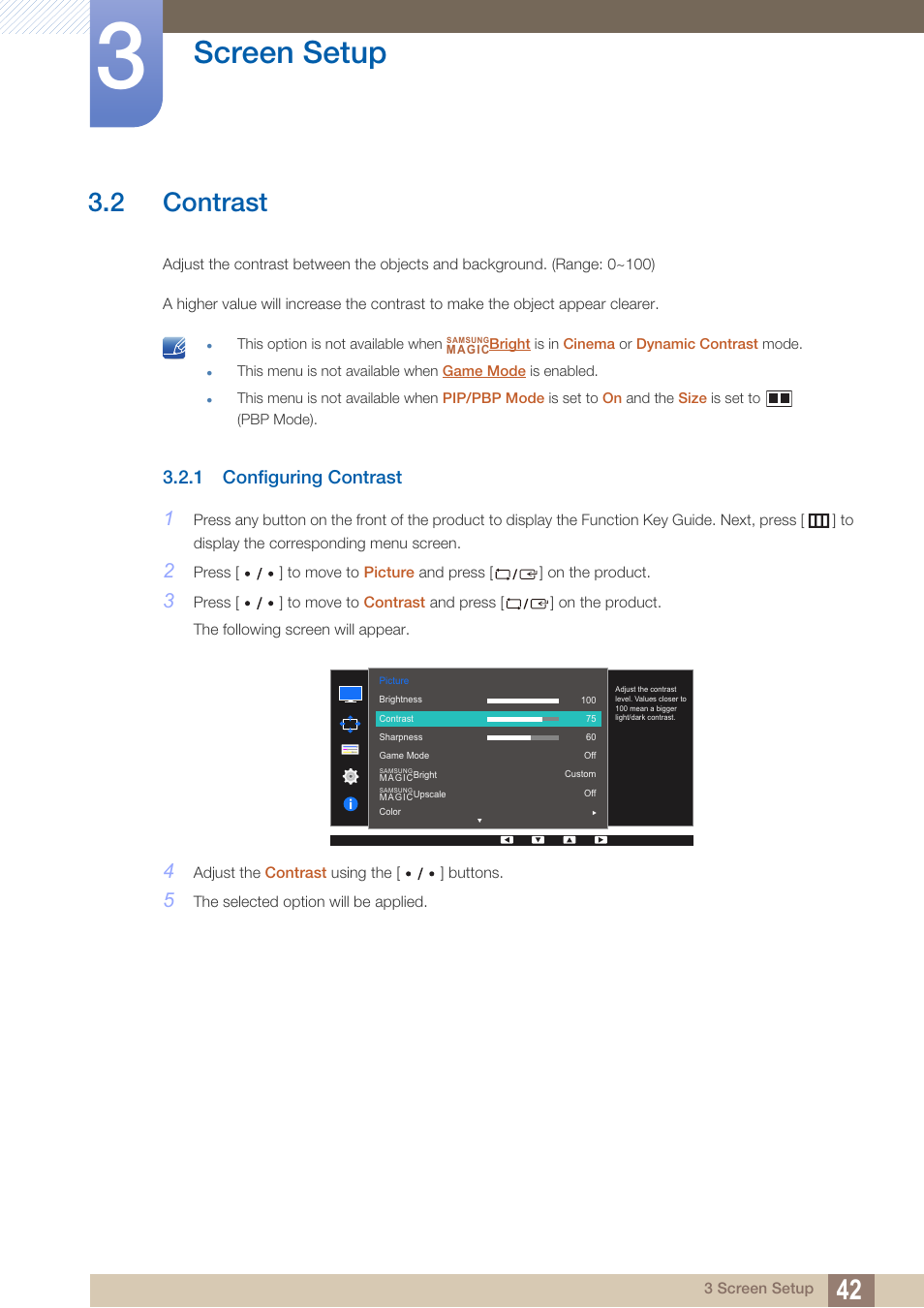 2 contrast, 1 configuring contrast, Contrast | Configuring contrast, Screen setup | Samsung LS27D85KTSR-ZA User Manual | Page 42 / 111