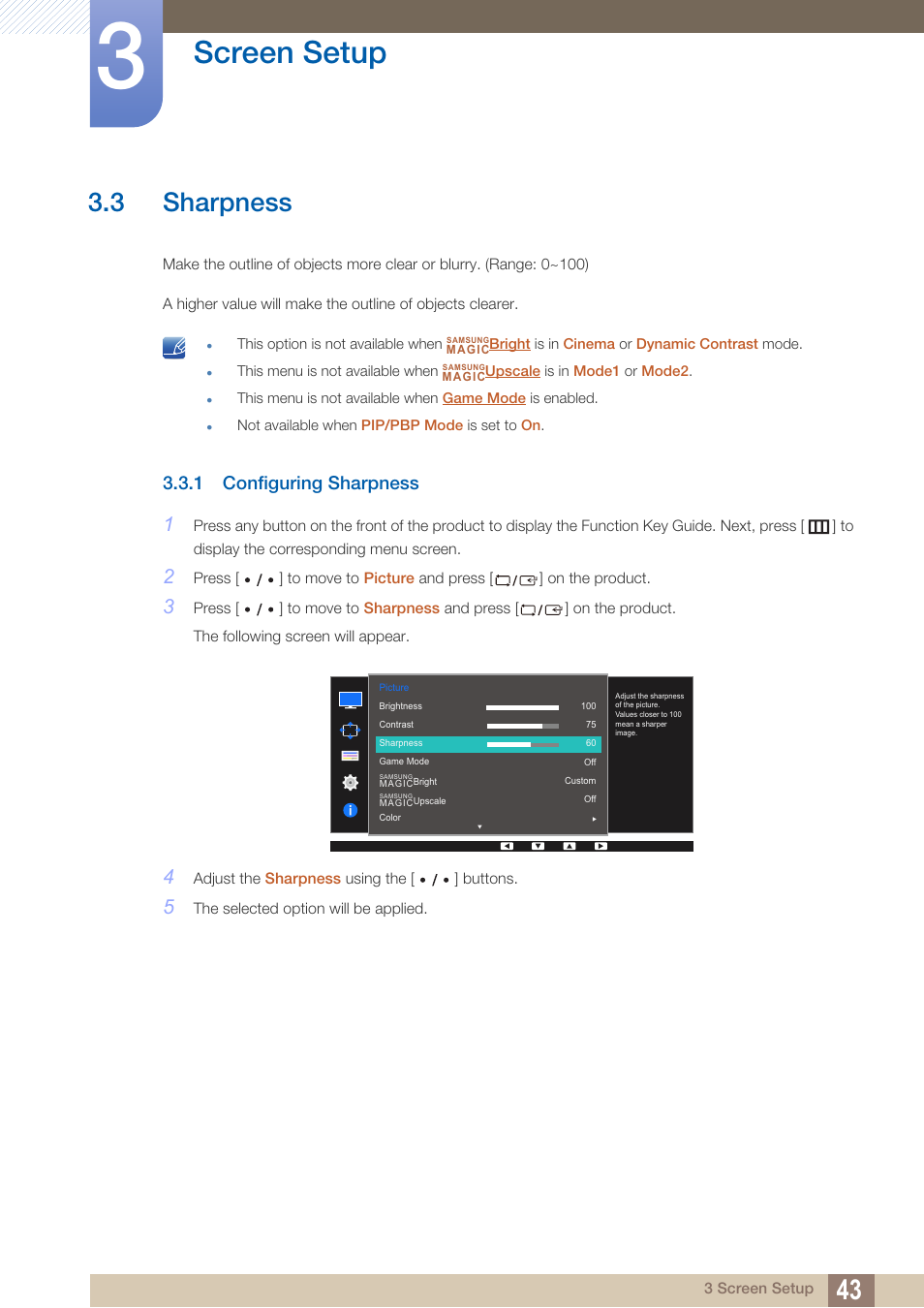 3 sharpness, 1 configuring sharpness, Sharpness | Configuring sharpness, Screen setup | Samsung LS27D85KTSR-ZA User Manual | Page 43 / 111