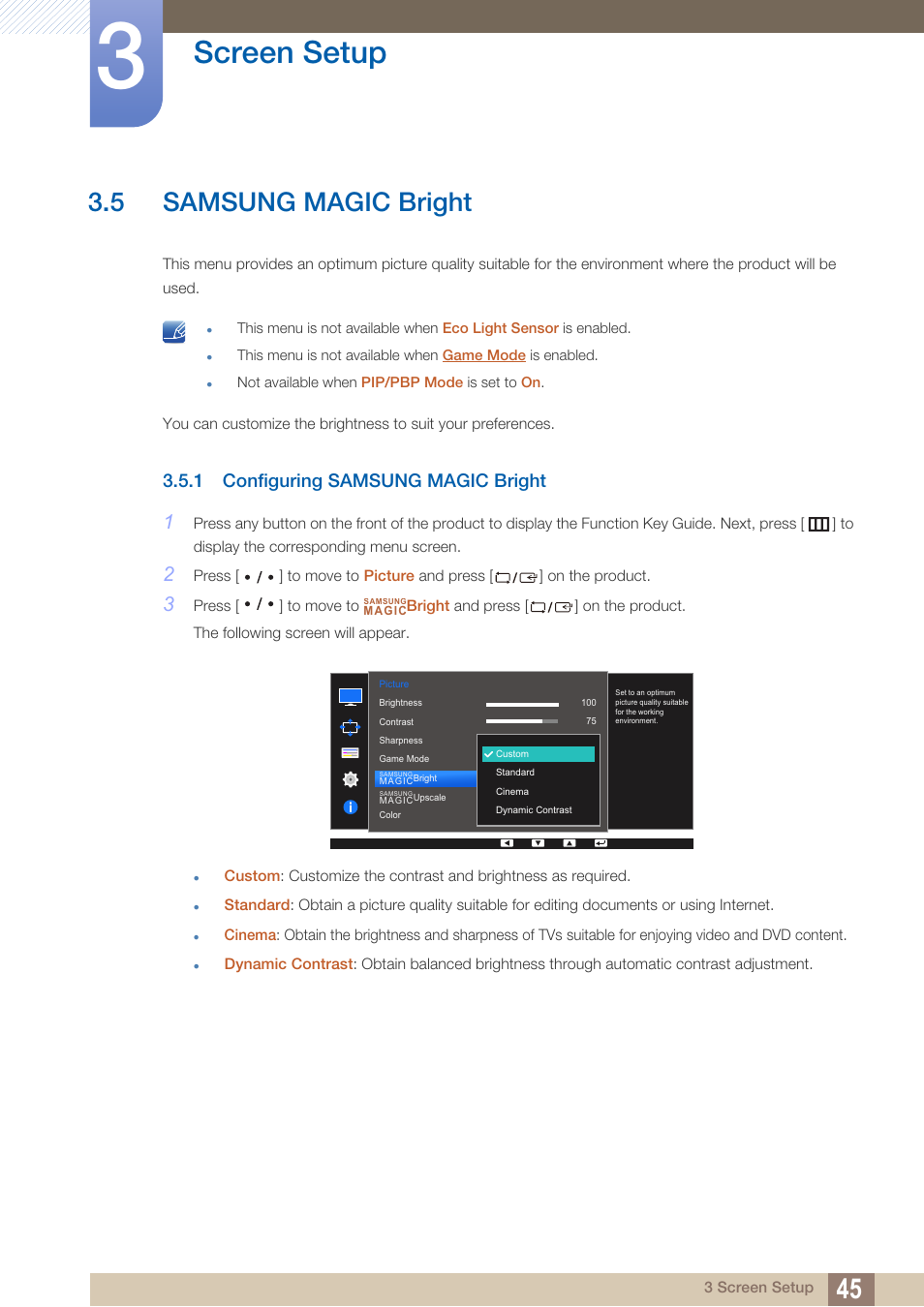 5 samsung magic bright, 1 configuring samsung magic bright, Samsung magic bright | Configuring samsung magic bright, Bright, Is set to, Samsung, Magic, Is i, Screen setup | Samsung LS27D85KTSR-ZA User Manual | Page 45 / 111