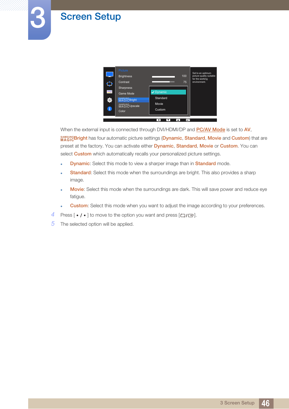 Screen setup | Samsung LS27D85KTSR-ZA User Manual | Page 46 / 111