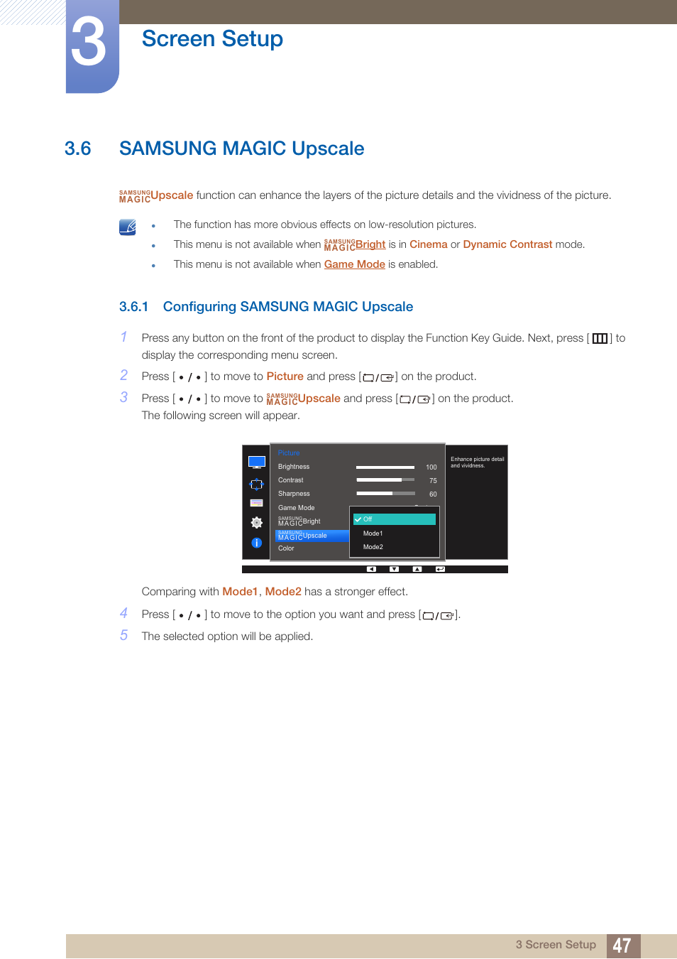 6 samsung magic upscale, 1 configuring samsung magic upscale, Samsung magic upscale | Configuring samsung magic upscale, Upscale, Samsung, Magic, Screen setup | Samsung LS27D85KTSR-ZA User Manual | Page 47 / 111