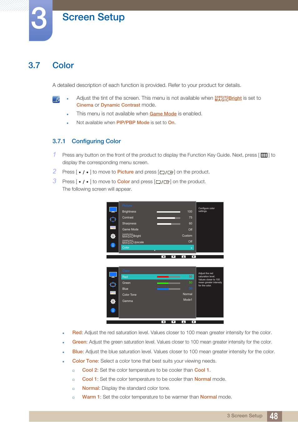 7 color, 1 configuring color, Color | Configuring color, Screen setup | Samsung LS27D85KTSR-ZA User Manual | Page 48 / 111