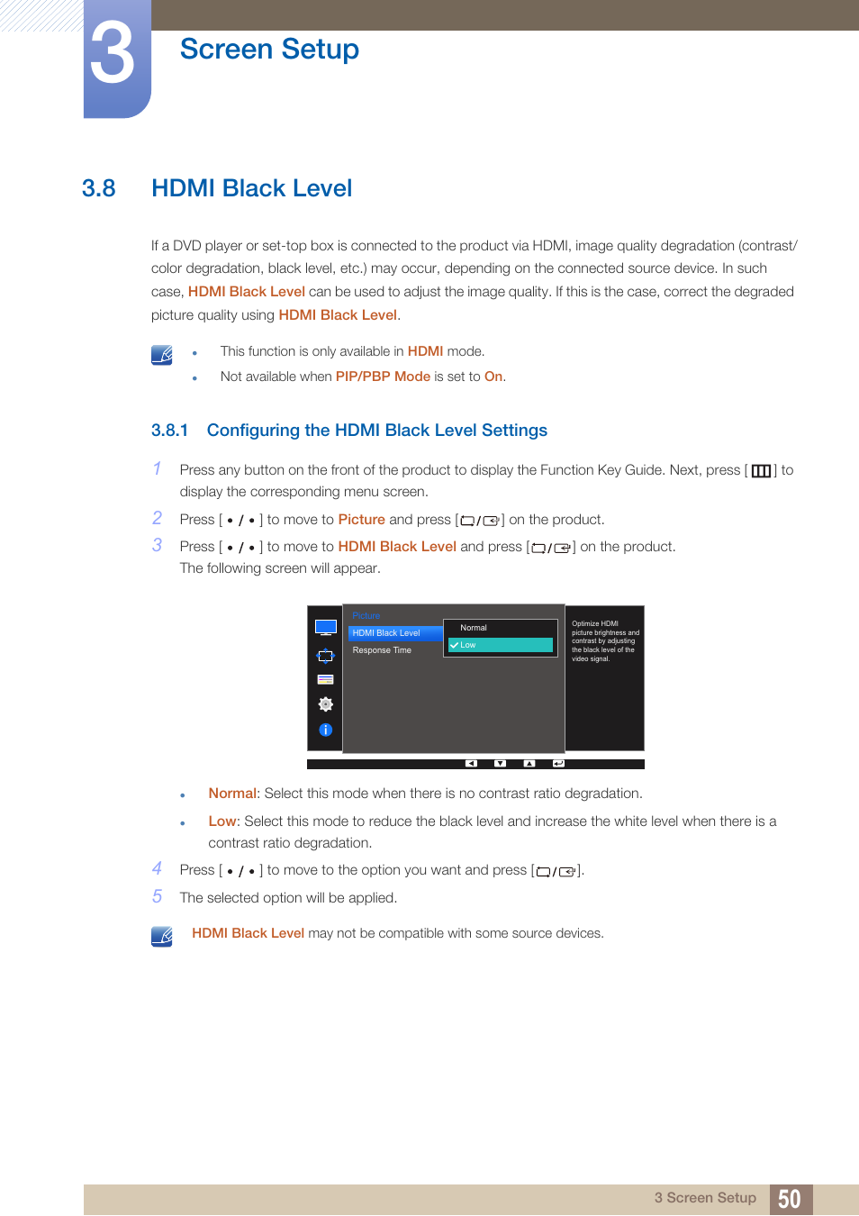 8 hdmi black level, 1 configuring the hdmi black level settings, Hdmi black level | Configuring the hdmi black level settings, Screen setup | Samsung LS27D85KTSR-ZA User Manual | Page 50 / 111