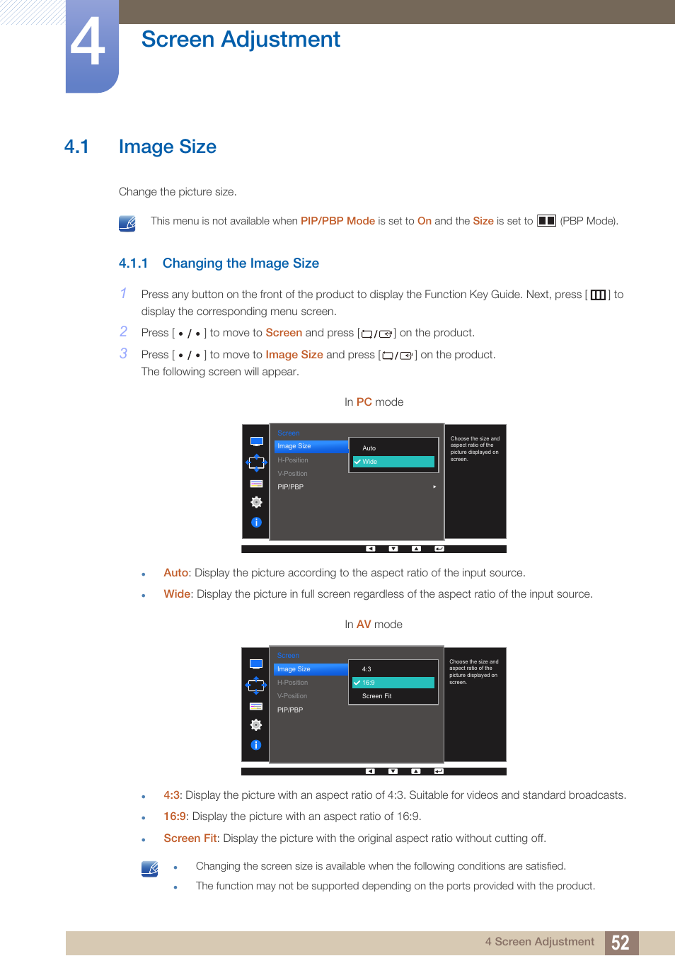 Screen adjustment, 1 image size, 1 changing the image size | Image size, Changing the image size | Samsung LS27D85KTSR-ZA User Manual | Page 52 / 111