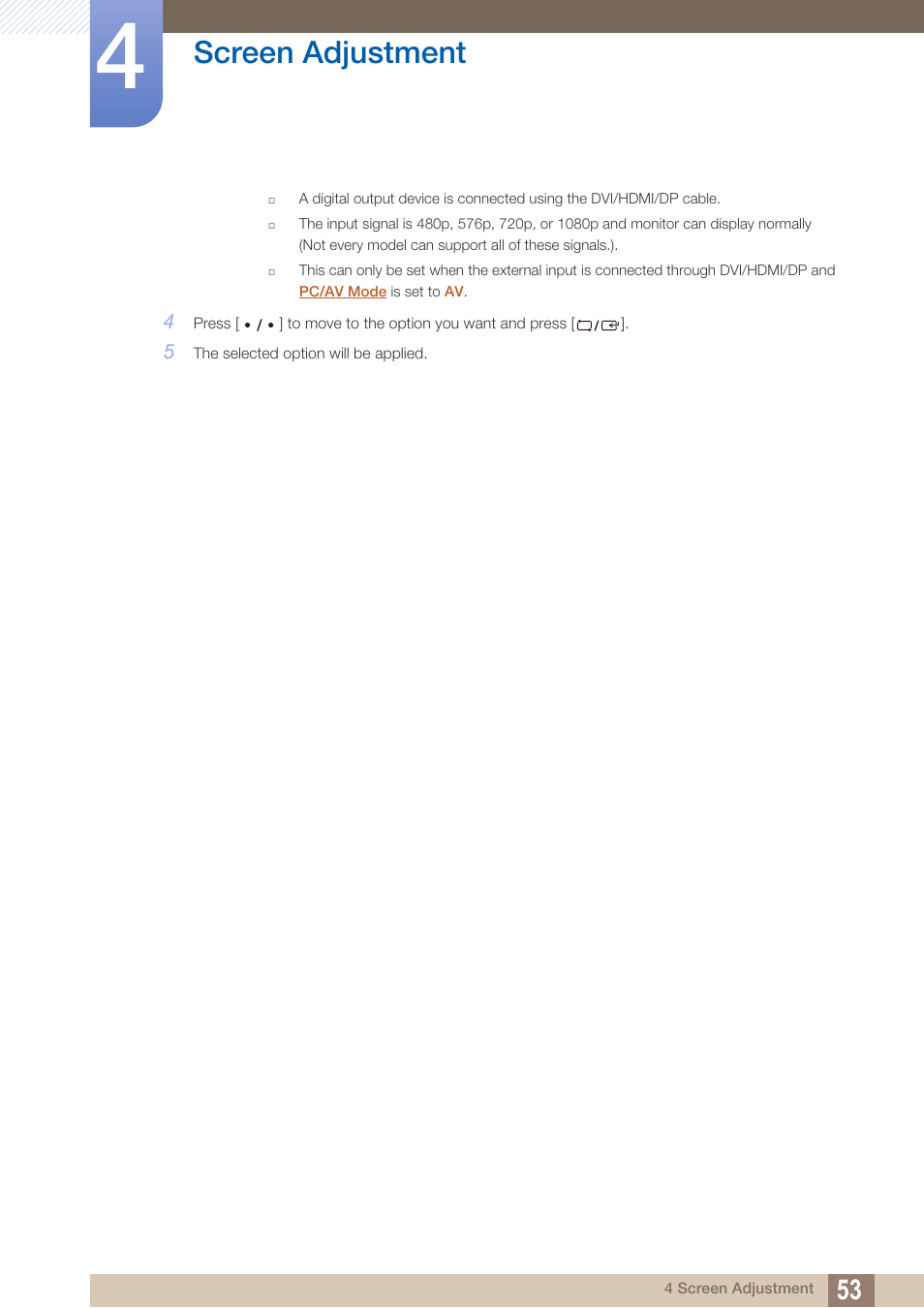 Screen adjustment | Samsung LS27D85KTSR-ZA User Manual | Page 53 / 111