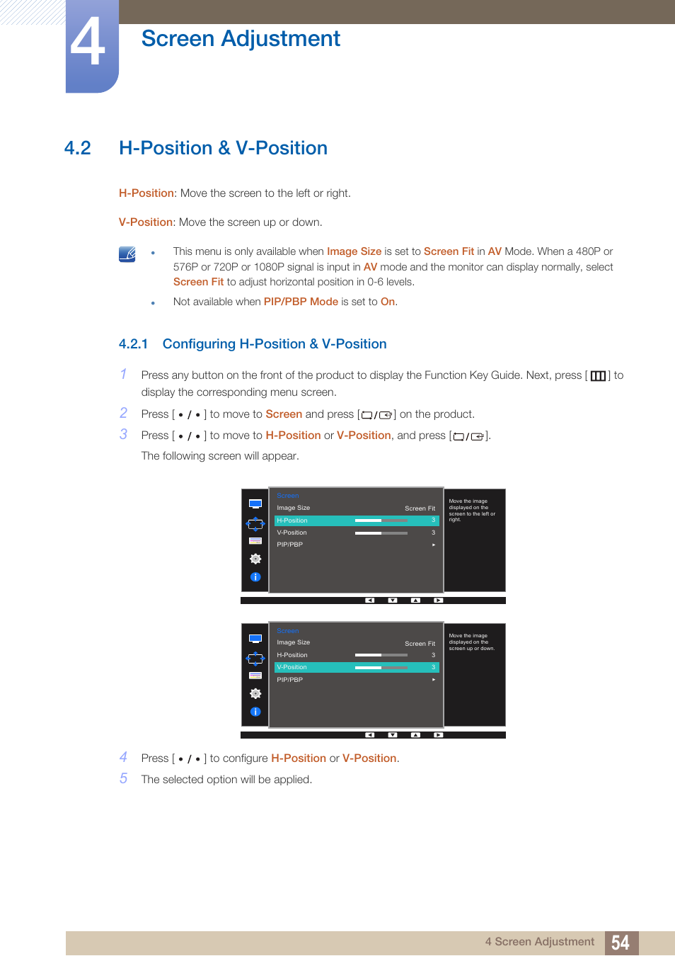 2 h-position & v-position, 1 configuring h-position & v-position, H-position & v-position | Configuring h-position & v-position, Screen adjustment | Samsung LS27D85KTSR-ZA User Manual | Page 54 / 111