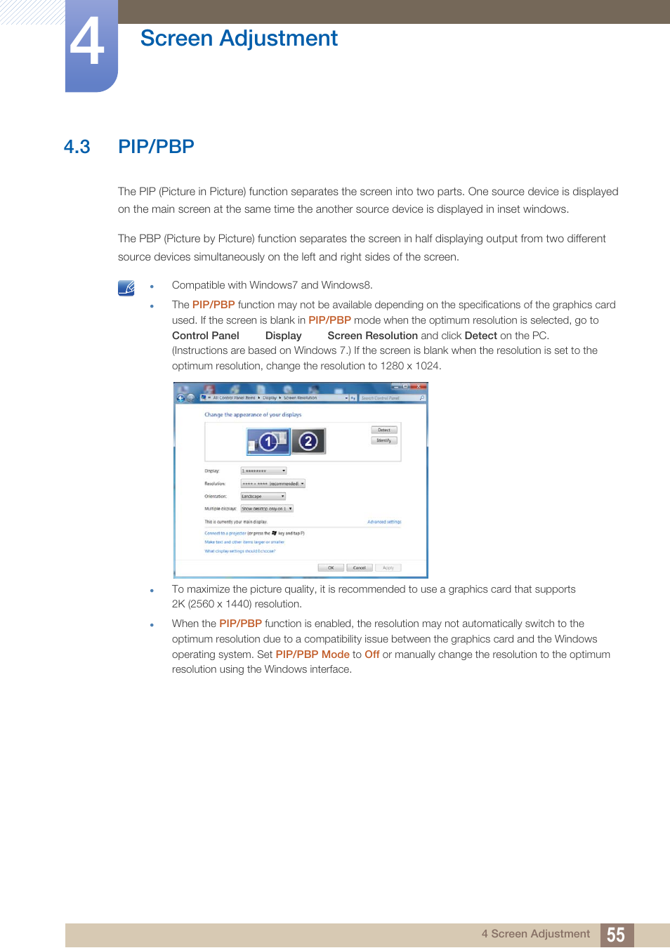 3 pip/pbp, Pip/pbp, Screen adjustment | Samsung LS27D85KTSR-ZA User Manual | Page 55 / 111