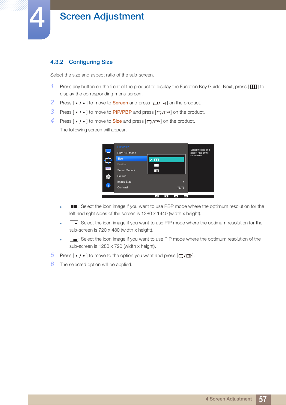 2 configuring size, Configuring size, Screen adjustment | Samsung LS27D85KTSR-ZA User Manual | Page 57 / 111