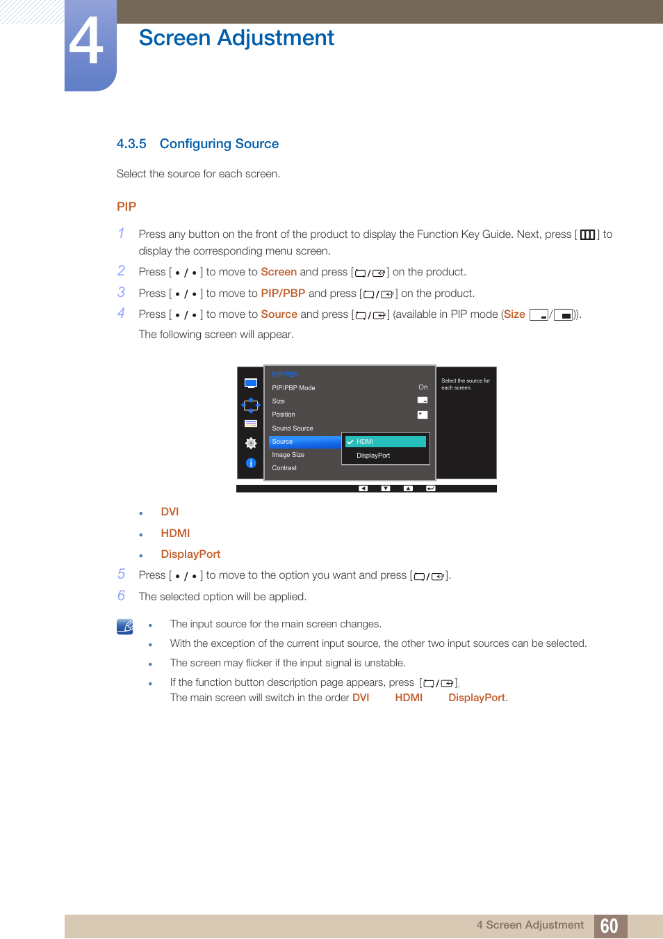 5 configuring source, Configuring source, Screen adjustment | Samsung LS27D85KTSR-ZA User Manual | Page 60 / 111