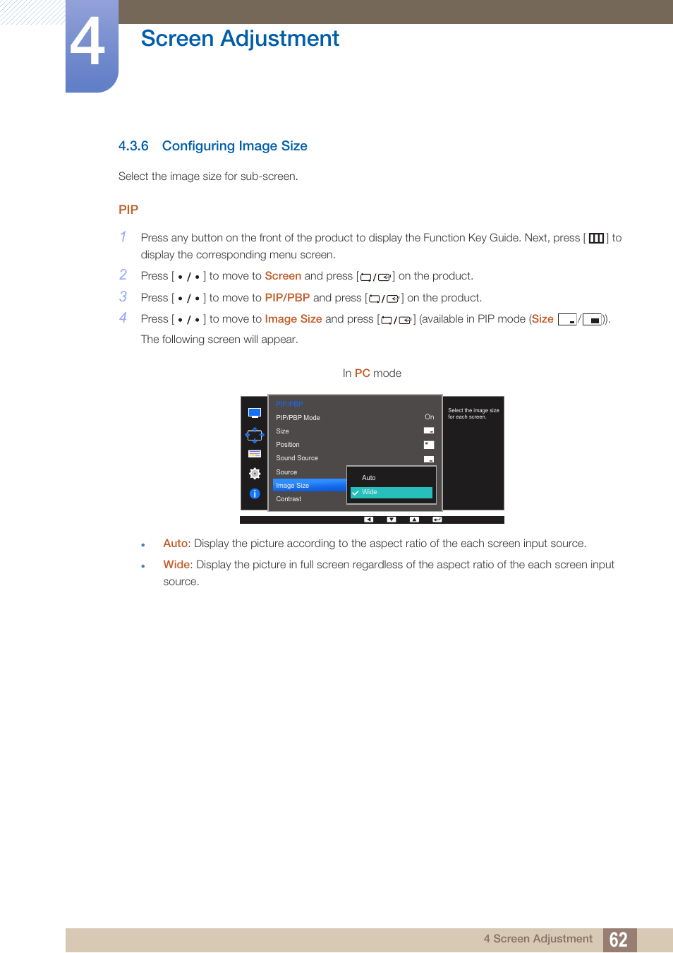 6 configuring image size, Configuring image size, Screen adjustment | Samsung LS27D85KTSR-ZA User Manual | Page 62 / 111