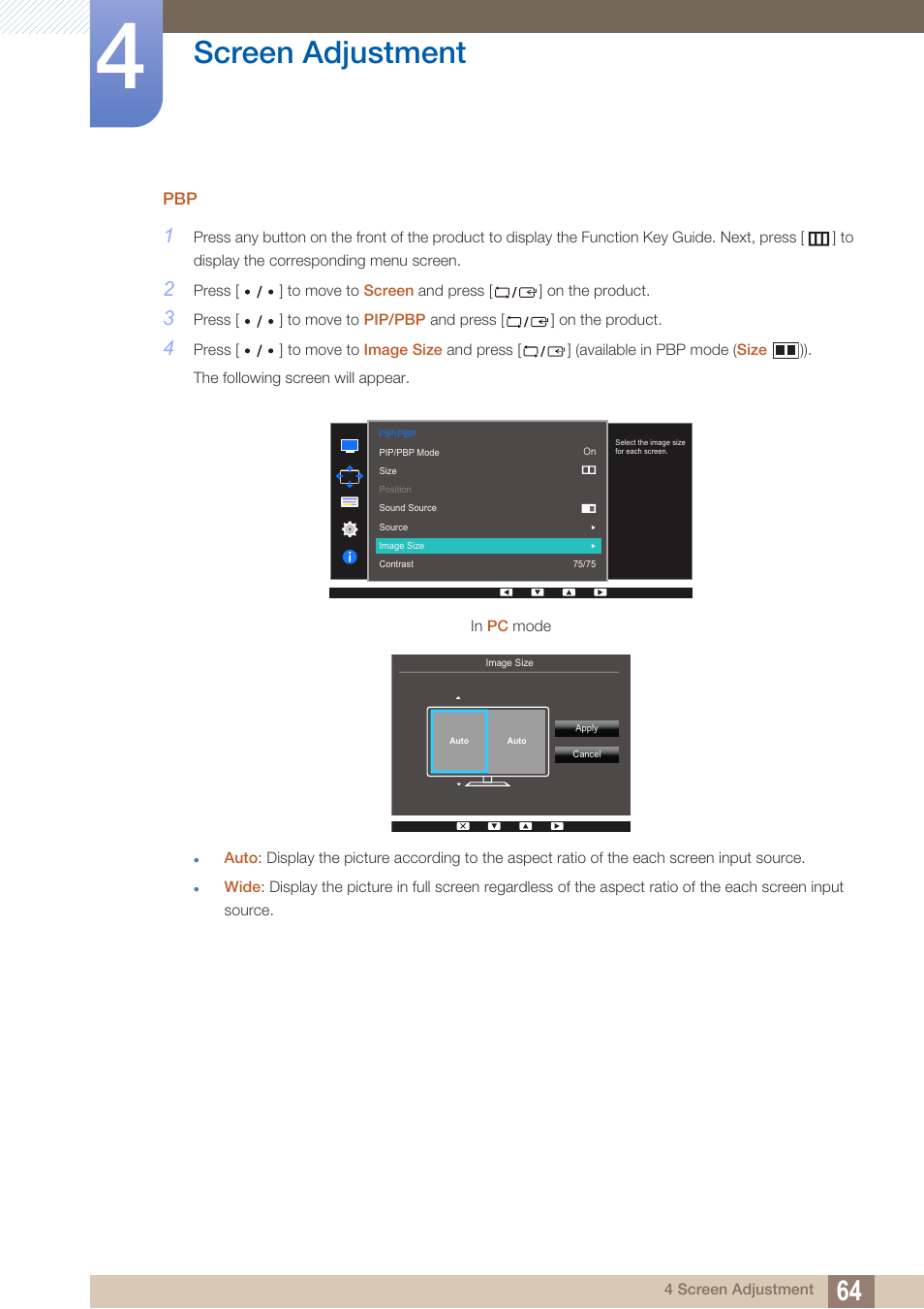 Screen adjustment | Samsung LS27D85KTSR-ZA User Manual | Page 64 / 111