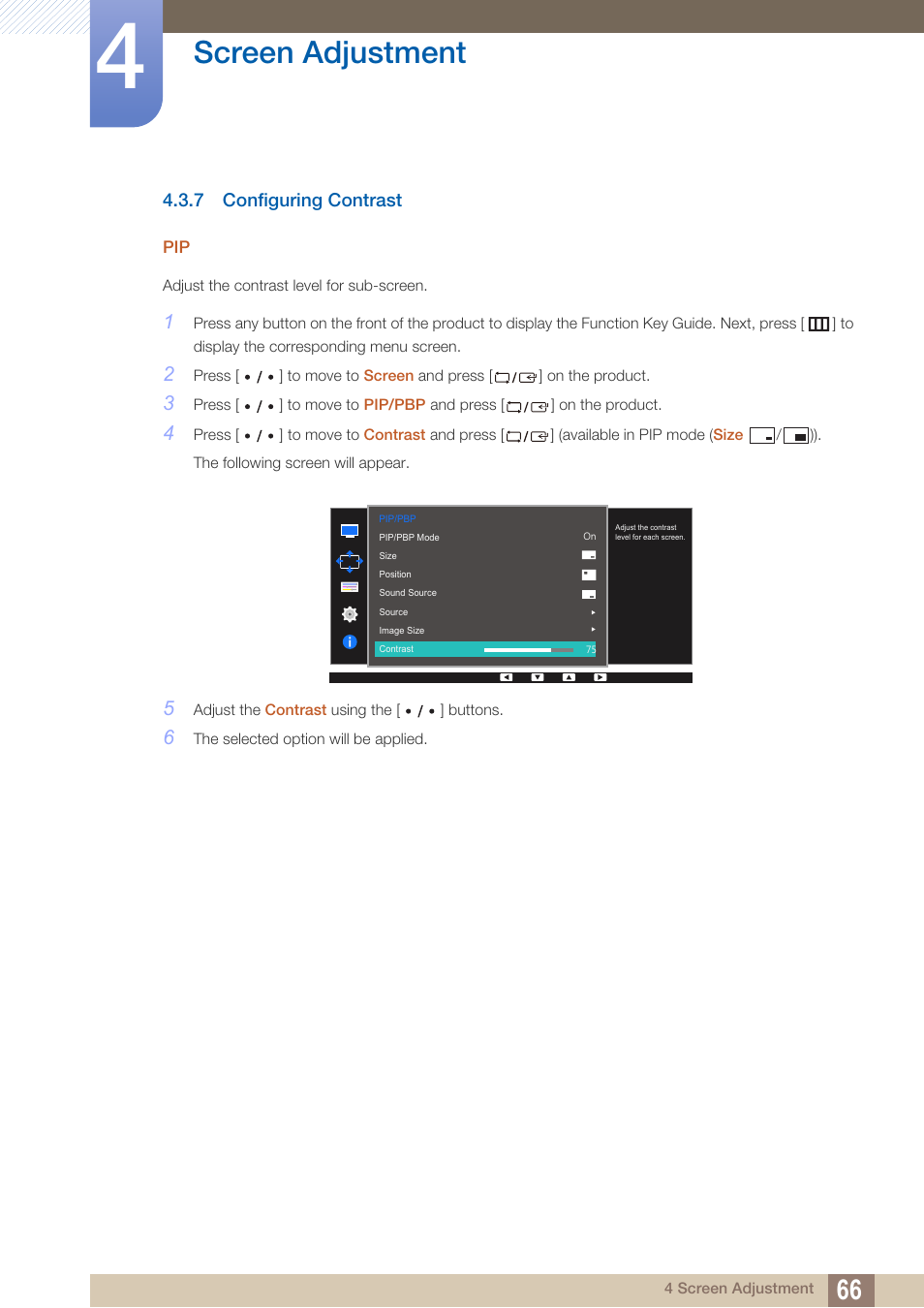 7 configuring contrast, Configuring contrast, Screen adjustment | Samsung LS27D85KTSR-ZA User Manual | Page 66 / 111