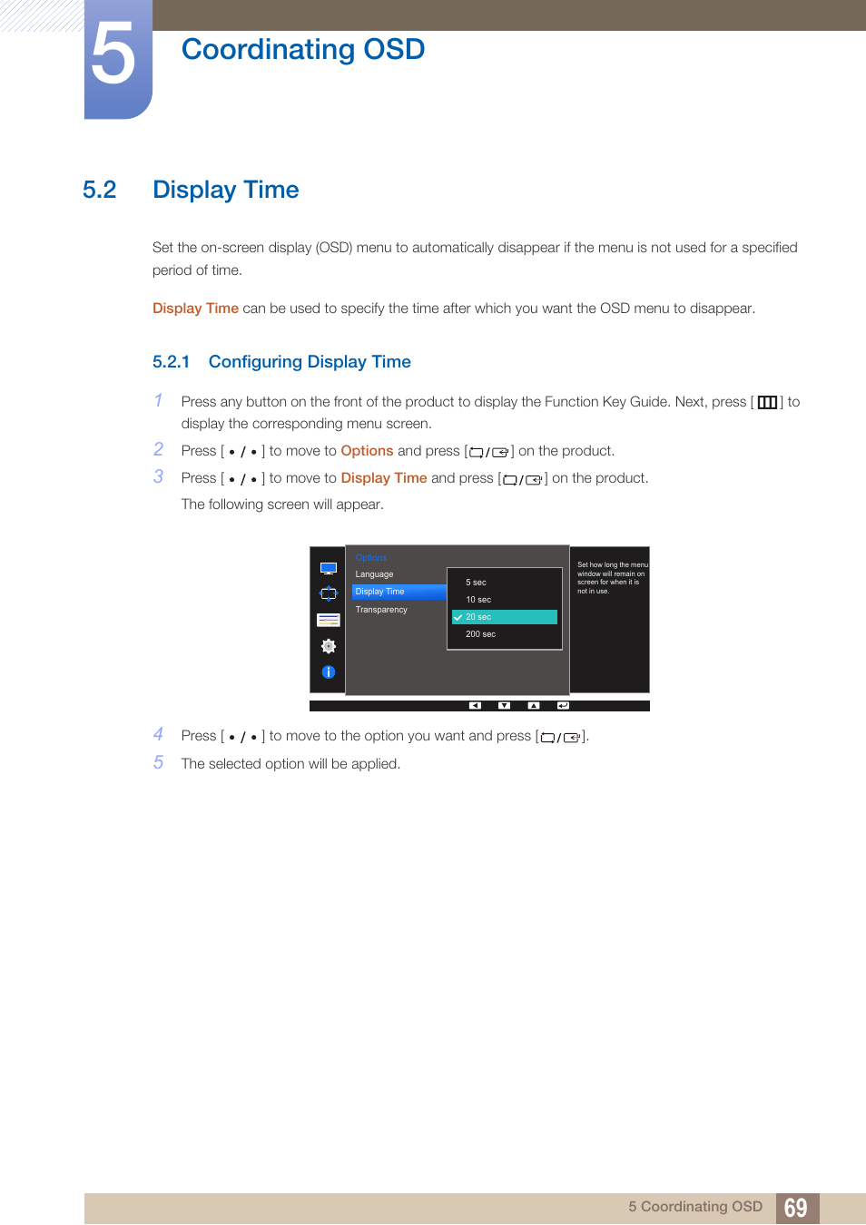 2 display time, 1 configuring display time, Display time | Configuring display time, Coordinating osd | Samsung LS27D85KTSR-ZA User Manual | Page 69 / 111