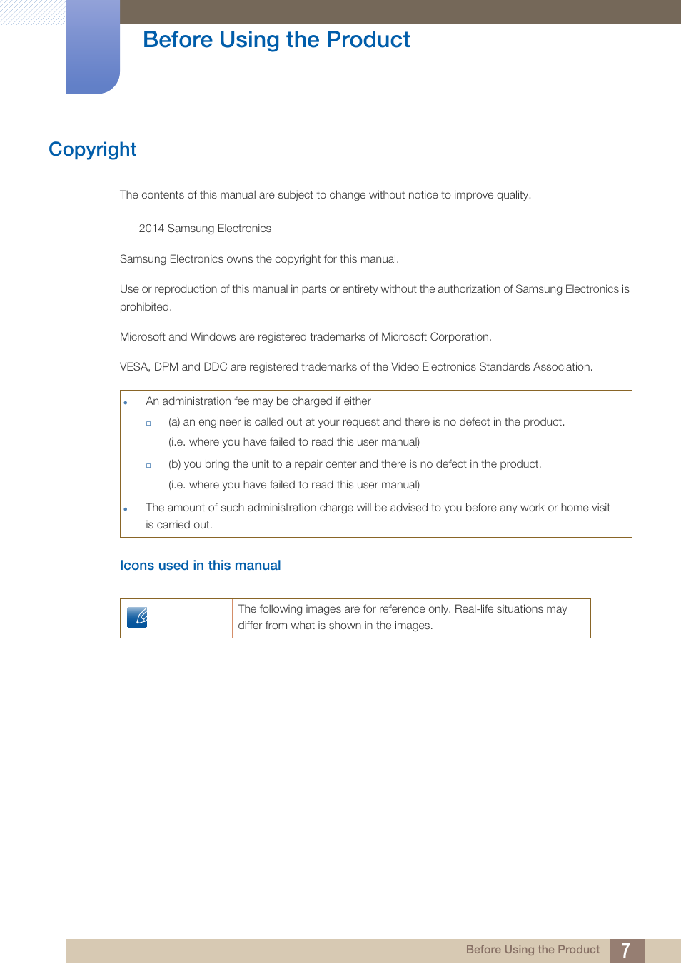 Before using the product, Copyright, Icons used in this manual | Before using the, Product | Samsung LS27D85KTSR-ZA User Manual | Page 7 / 111