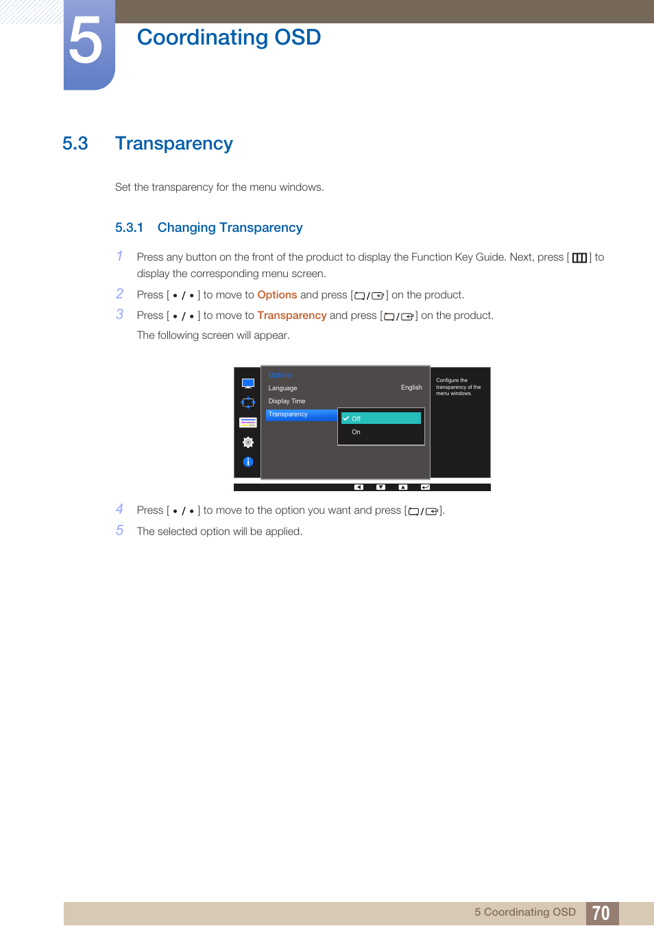 3 transparency, 1 changing transparency, Transparency | Changing transparency, Coordinating osd | Samsung LS27D85KTSR-ZA User Manual | Page 70 / 111