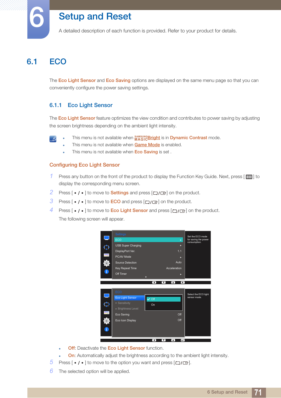 Setup and reset, 1 eco, 1 eco light sensor | Eco light sensor | Samsung LS27D85KTSR-ZA User Manual | Page 71 / 111