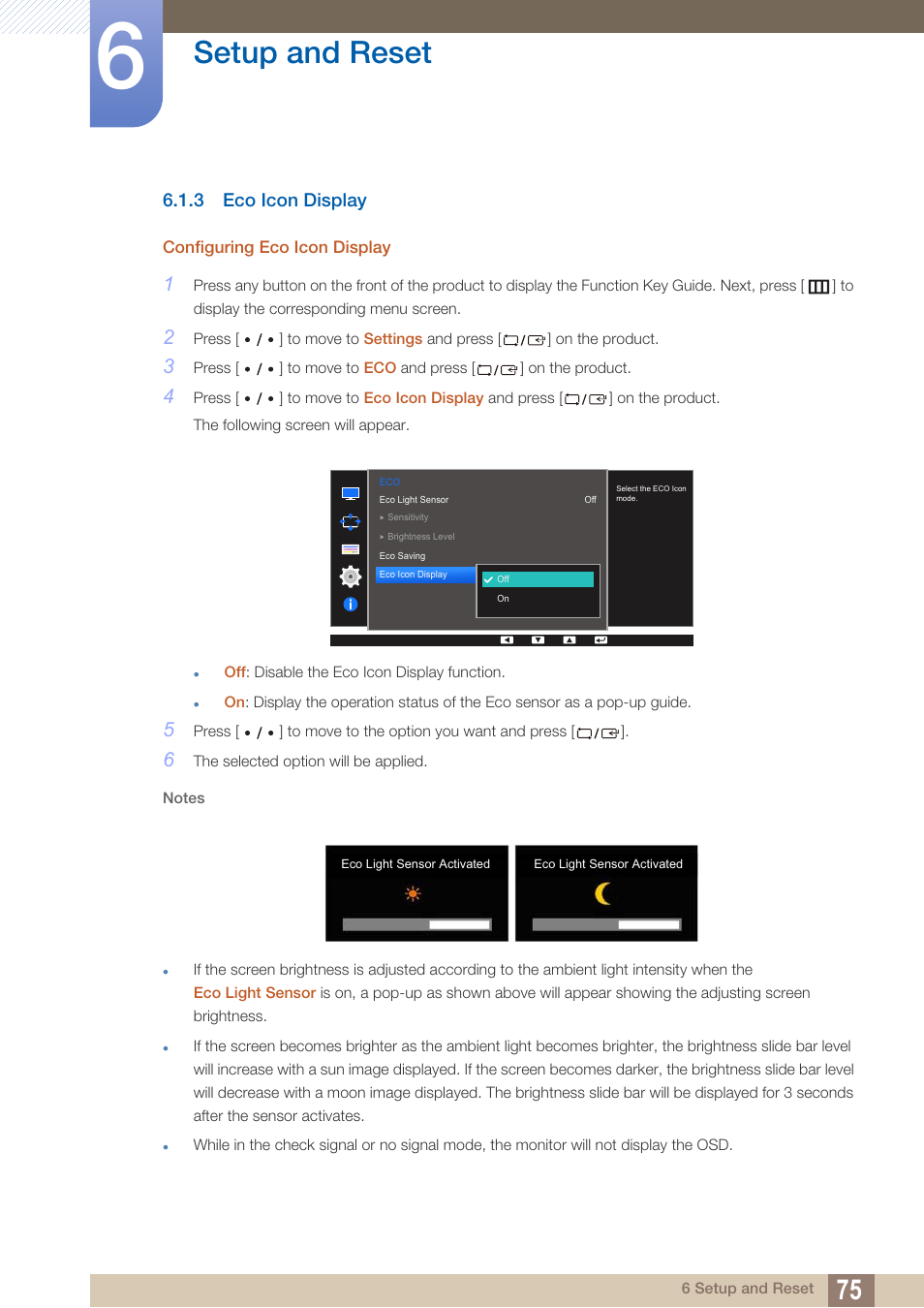 3 eco icon display, Eco icon display, Setup and reset | Samsung LS27D85KTSR-ZA User Manual | Page 75 / 111