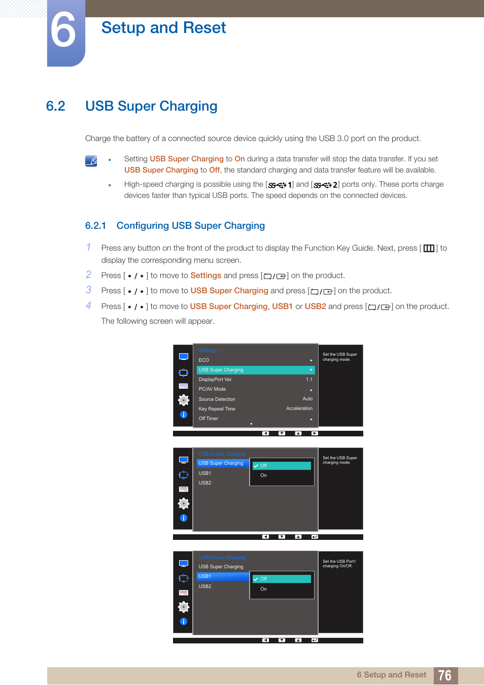2 usb super charging, 1 configuring usb super charging, Usb super charging | Configuring usb super charging, Setup and reset | Samsung LS27D85KTSR-ZA User Manual | Page 76 / 111