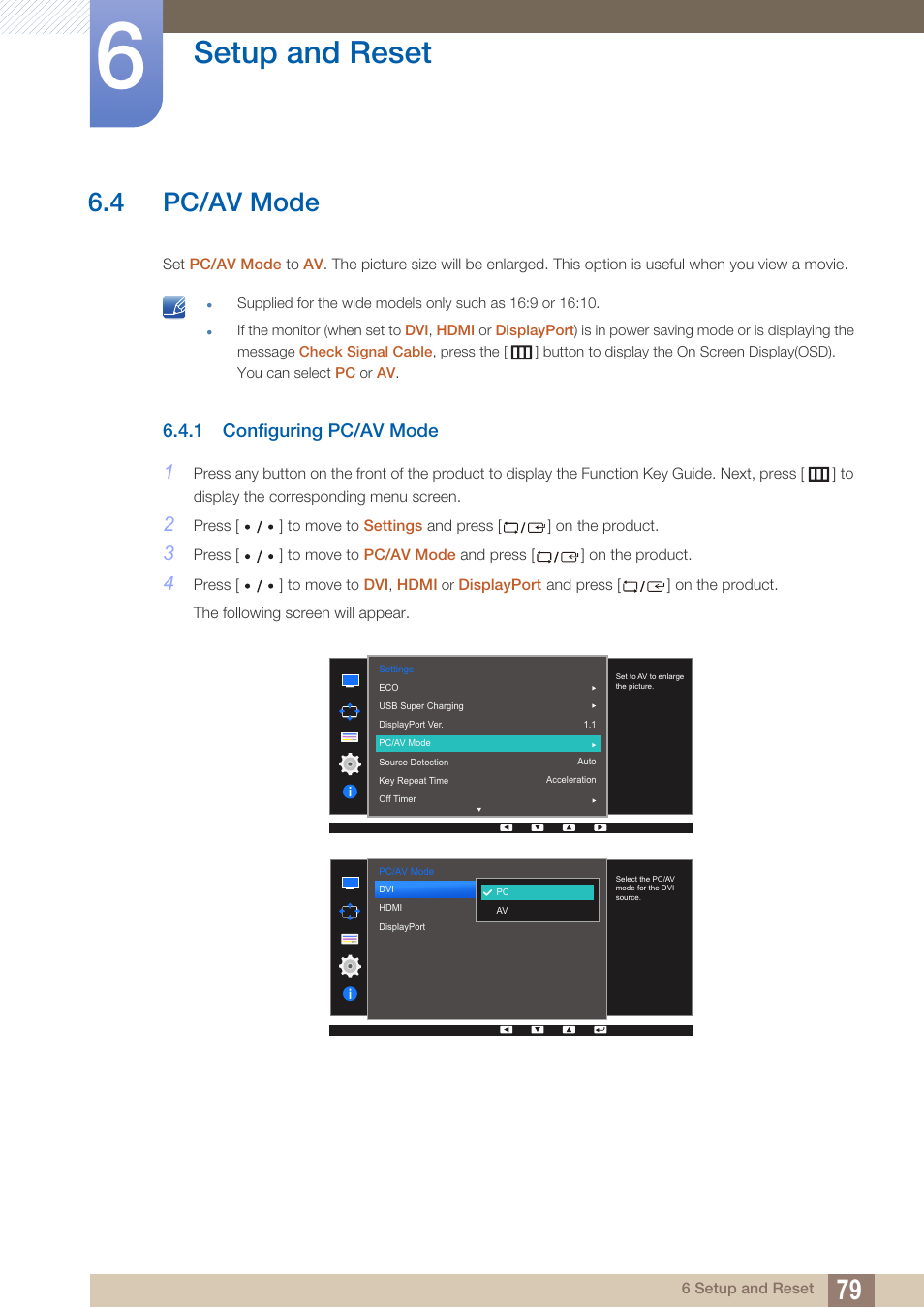 4 pc/av mode, 1 configuring pc/av mode, Pc/av mode | Configuring pc/av mode, Setup and reset | Samsung LS27D85KTSR-ZA User Manual | Page 79 / 111