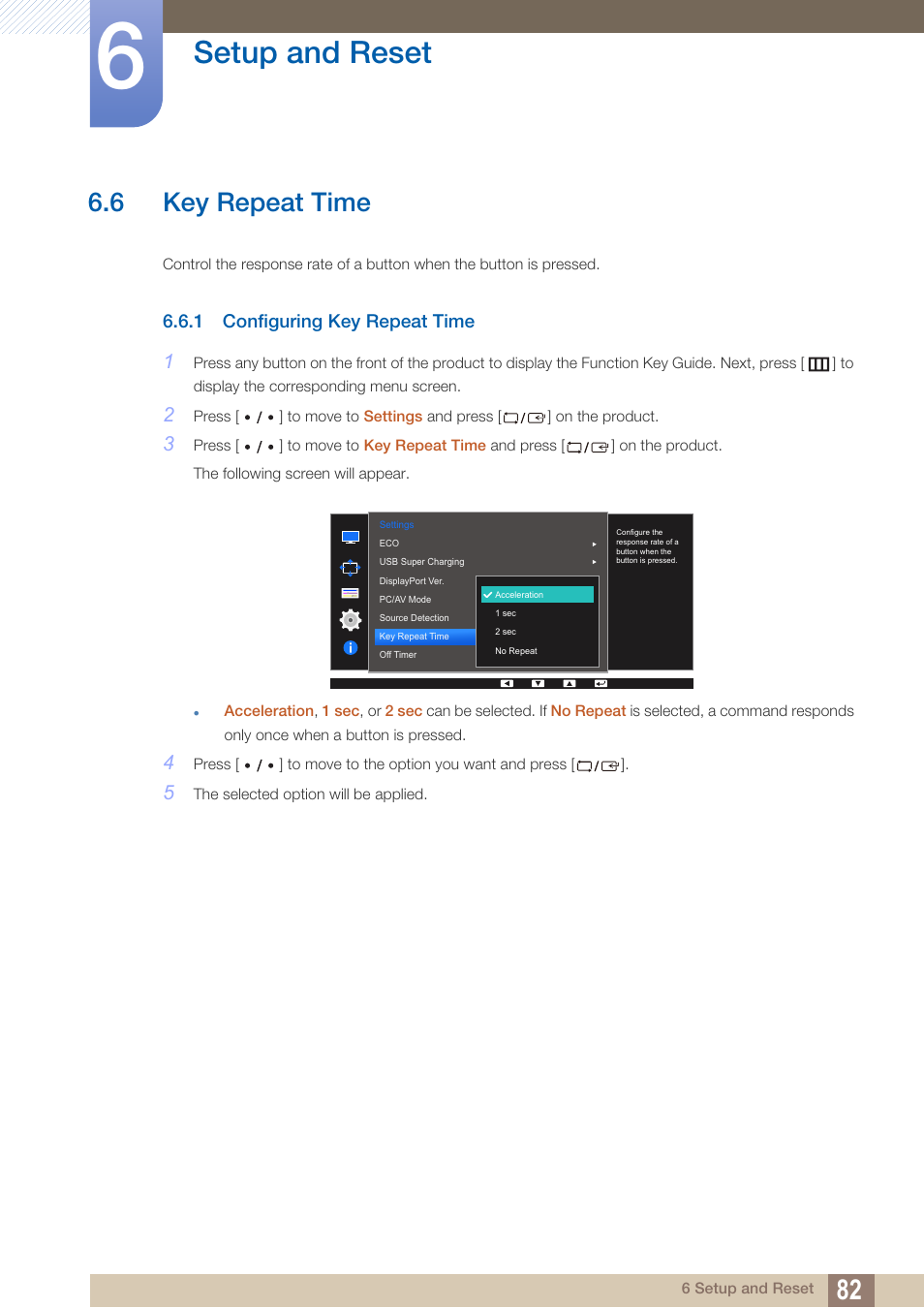 6 key repeat time, 1 configuring key repeat time, Key repeat time | Configuring key repeat time, Setup and reset | Samsung LS27D85KTSR-ZA User Manual | Page 82 / 111