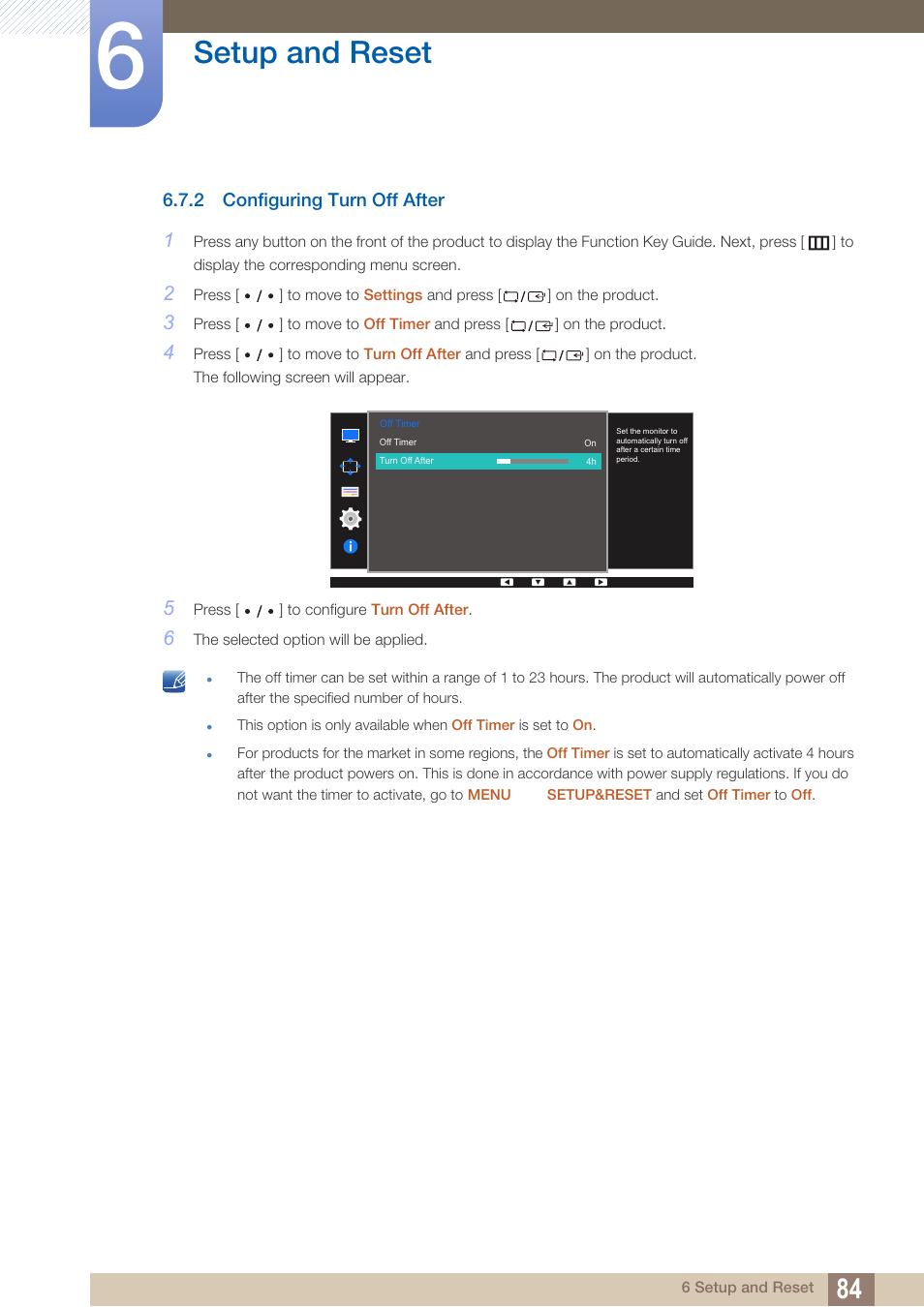 2 configuring turn off after, Configuring turn off after, Setup and reset | Samsung LS27D85KTSR-ZA User Manual | Page 84 / 111