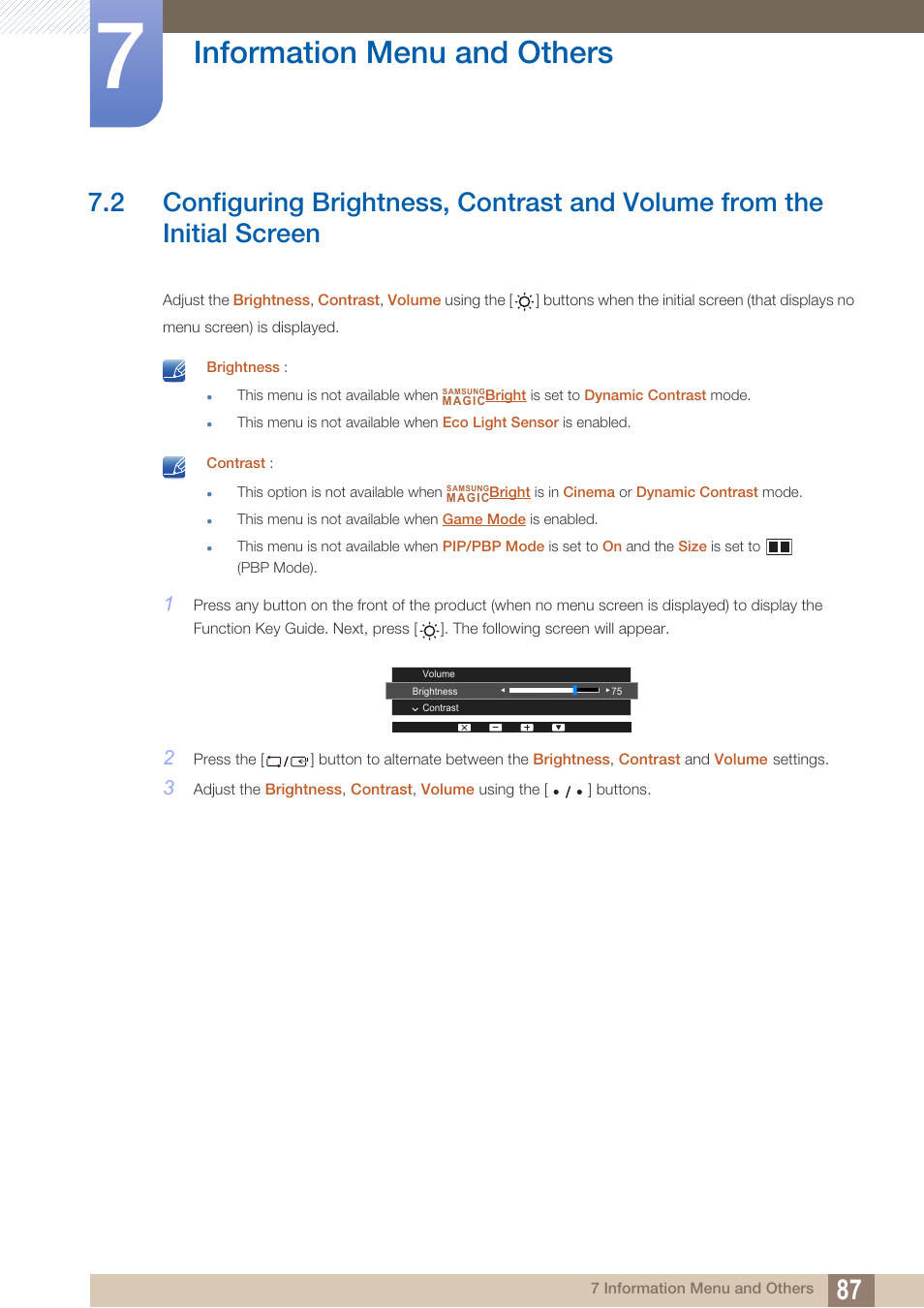 Volume, Information menu and others | Samsung LS27D85KTSR-ZA User Manual | Page 87 / 111
