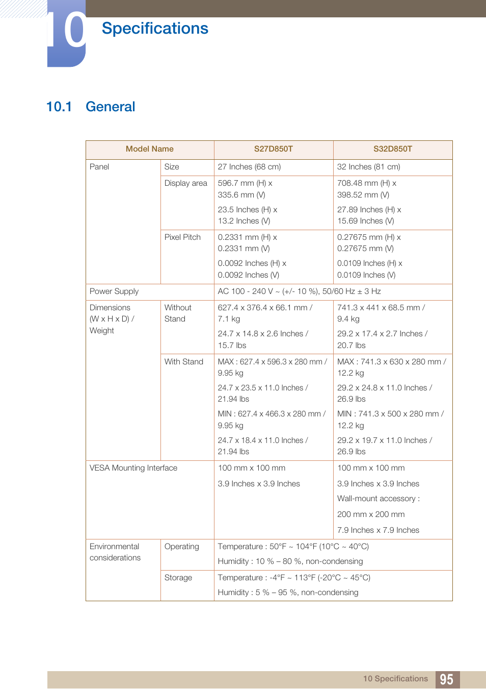 Specifications, 1 general, General | Samsung LS27D85KTSR-ZA User Manual | Page 95 / 111