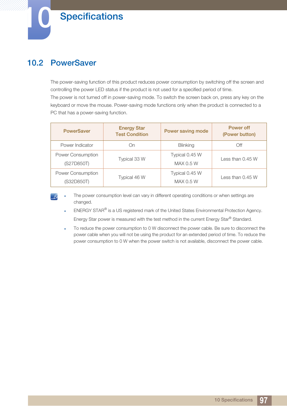 2 powersaver, Powersaver, Specifications | Samsung LS27D85KTSR-ZA User Manual | Page 97 / 111