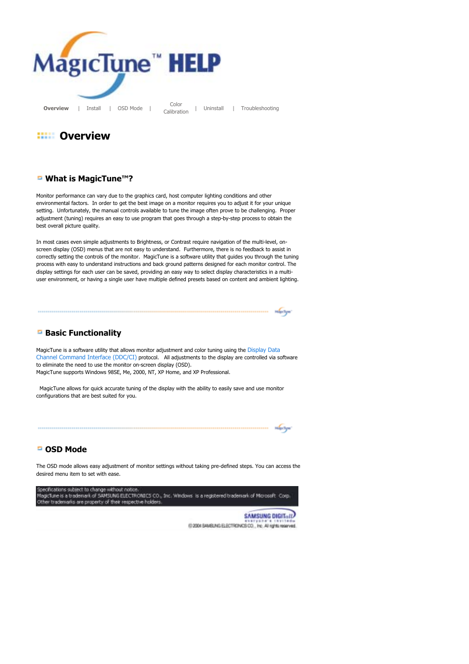 Magictune2.5, Overview, What is magictune | Basic functionality, Osd mode | Samsung MJ17BSASV-XBG User Manual | Page 30 / 81