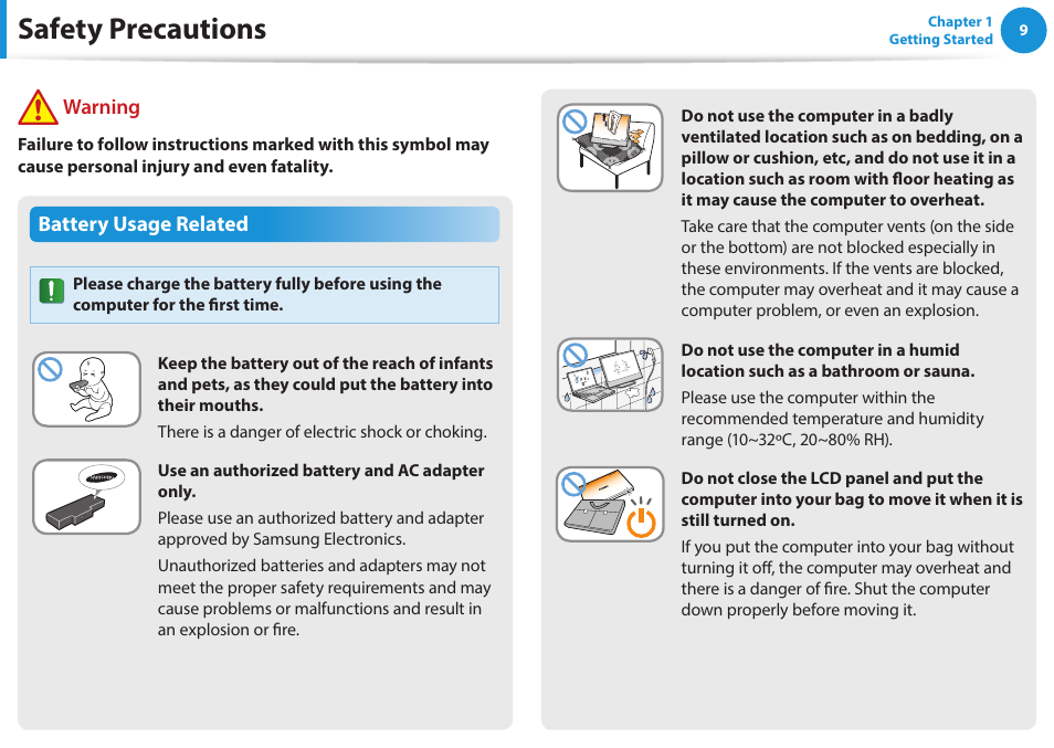 Safety precautions, Battery usage related, Warning | Samsung NP470R5E-K02UB User Manual | Page 10 / 120