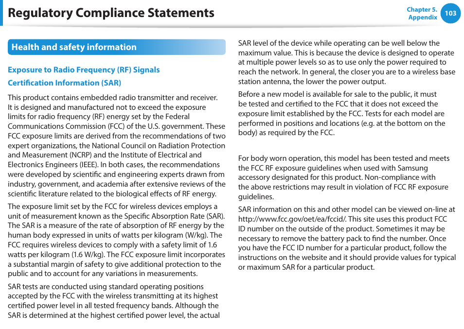 Regulatory compliance statements | Samsung NP470R5E-K02UB User Manual | Page 104 / 120