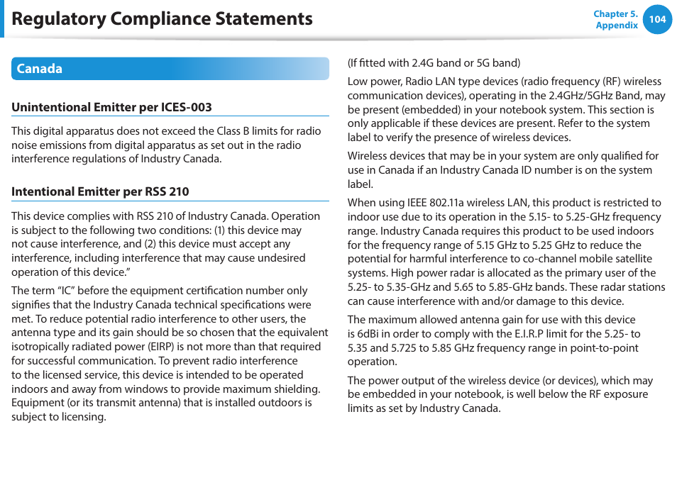 Regulatory compliance statements | Samsung NP470R5E-K02UB User Manual | Page 105 / 120
