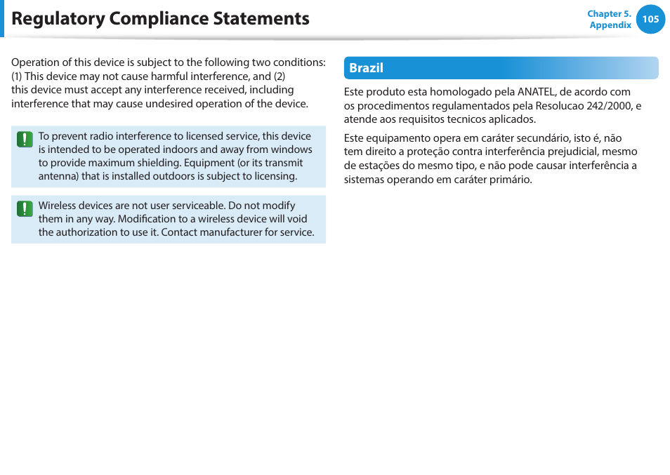 Regulatory compliance statements | Samsung NP470R5E-K02UB User Manual | Page 106 / 120