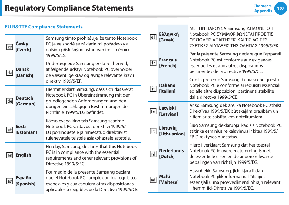 Regulatory compliance statements | Samsung NP470R5E-K02UB User Manual | Page 108 / 120