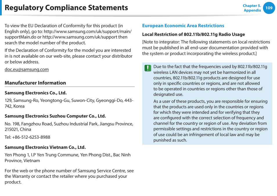 Regulatory compliance statements | Samsung NP470R5E-K02UB User Manual | Page 110 / 120