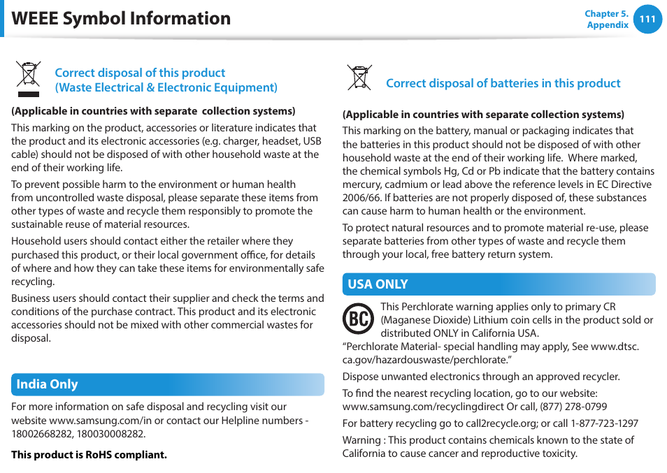 Weee symbol information, India only, Usa only | Samsung NP470R5E-K02UB User Manual | Page 112 / 120