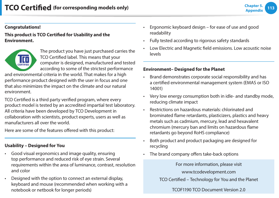 Tco certified (for corresponding models only), Tco certified, Félicitations | Samsung NP470R5E-K02UB User Manual | Page 114 / 120